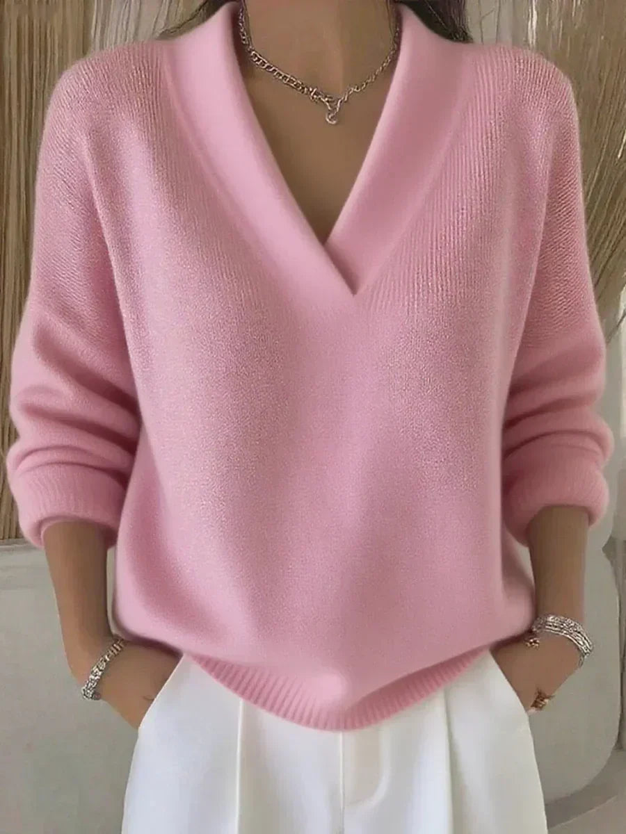 Maglione ampio con scollo a V Rosa | Aurella Milano