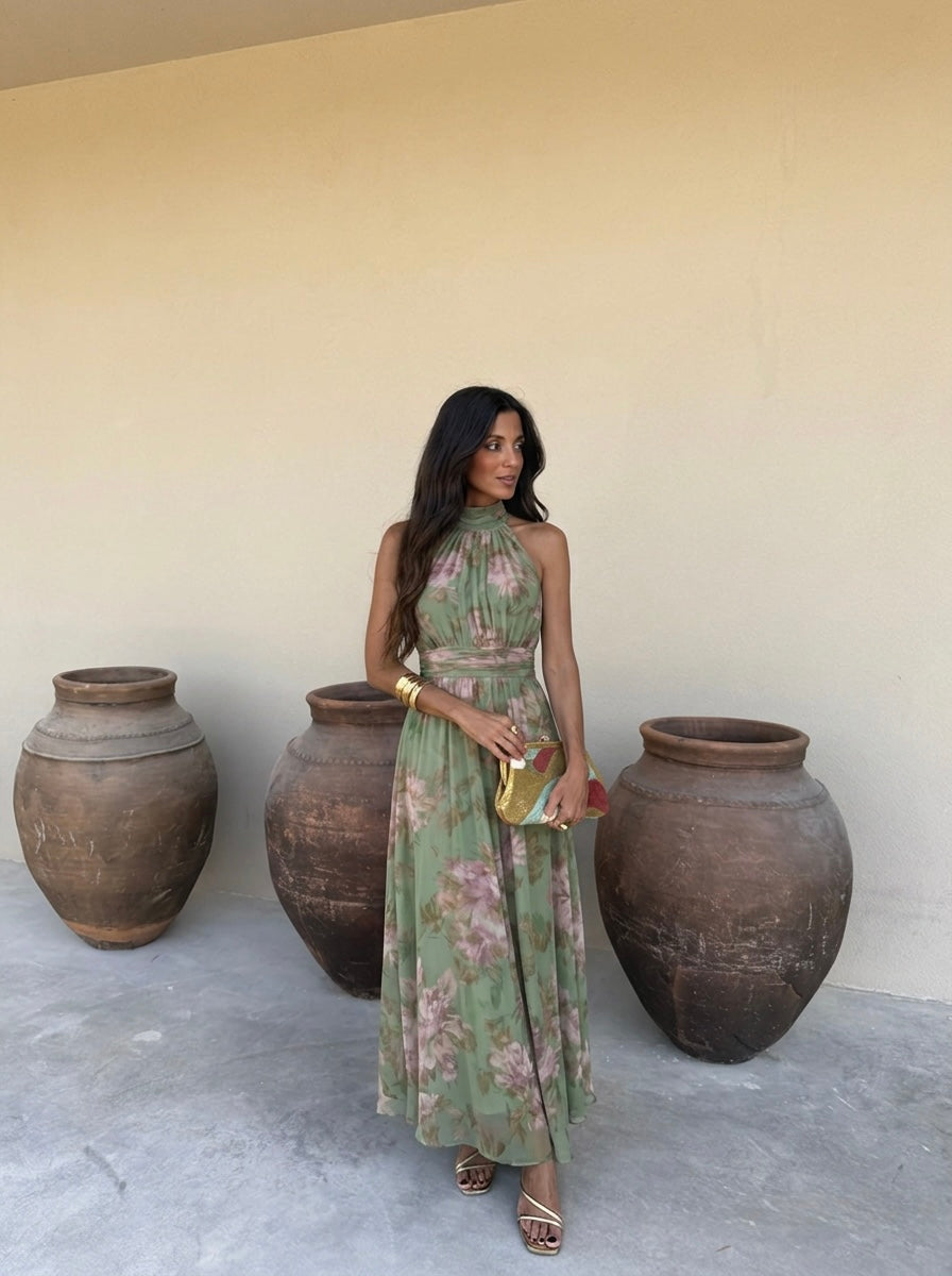 Lidia | Abito lungo floreale con collo halter