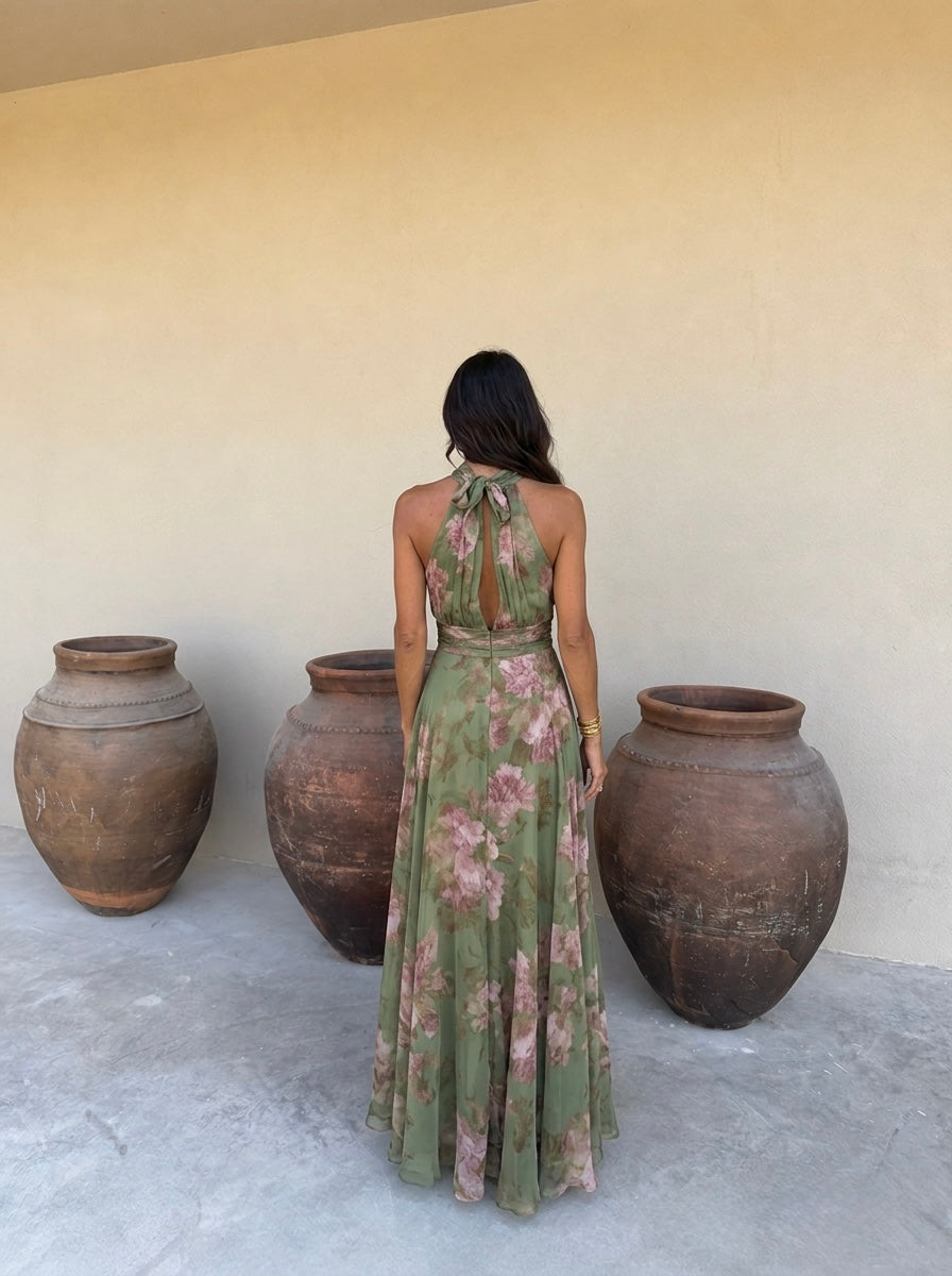 Lidia | Abito lungo floreale con collo halter