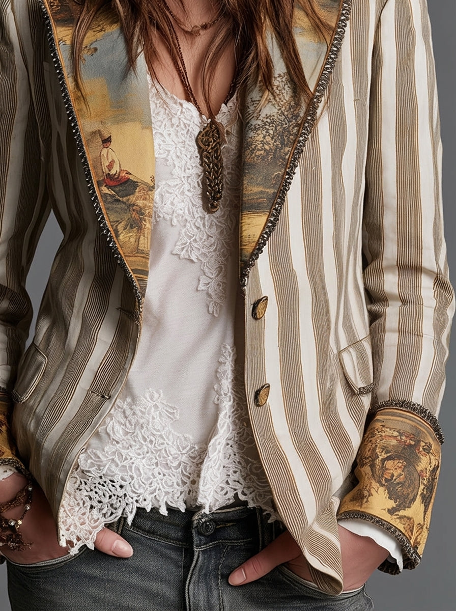 Sara – Blazer Boho a Righe con Collo Fantasia