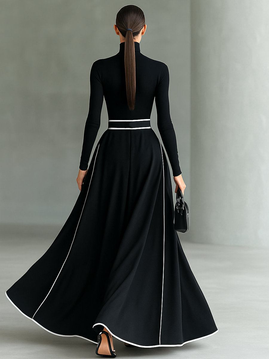 Gina - Abito Maxi con Cuciture a Contrasto - Nero | Aurella Milano