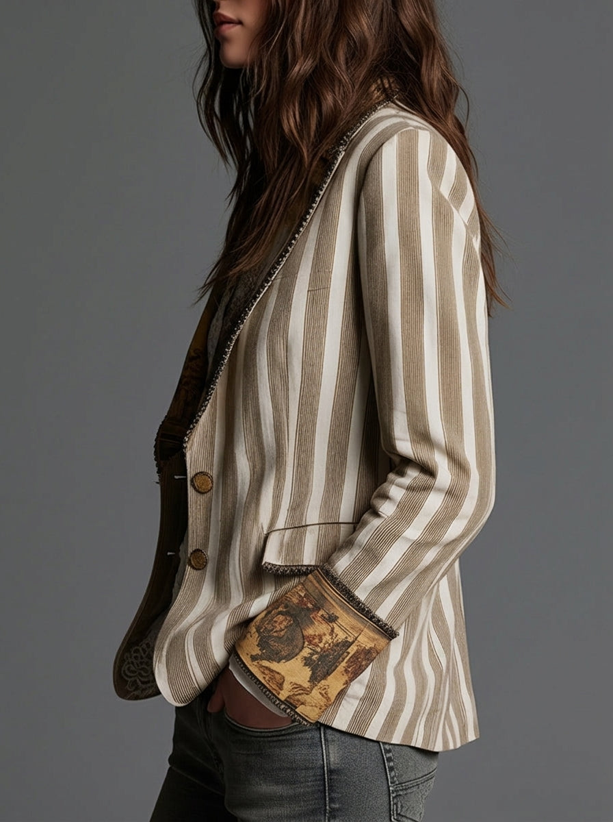 Sara – Blazer Boho a Righe con Collo Fantasia
