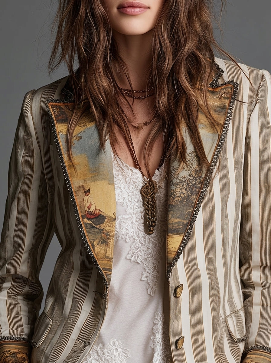 Sara – Blazer Boho a Righe con Collo Fantasia