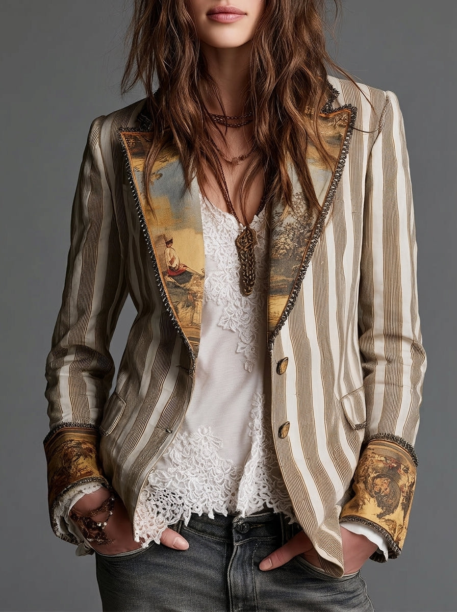 Sara – Blazer Boho a Righe con Collo Fantasia