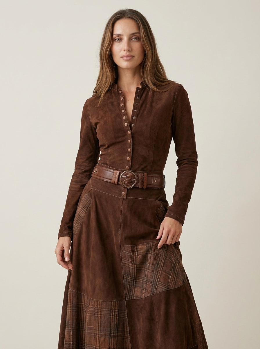Azzurra - Abito Maxi Effetto Camoscio con Cintura | Aurella Milano