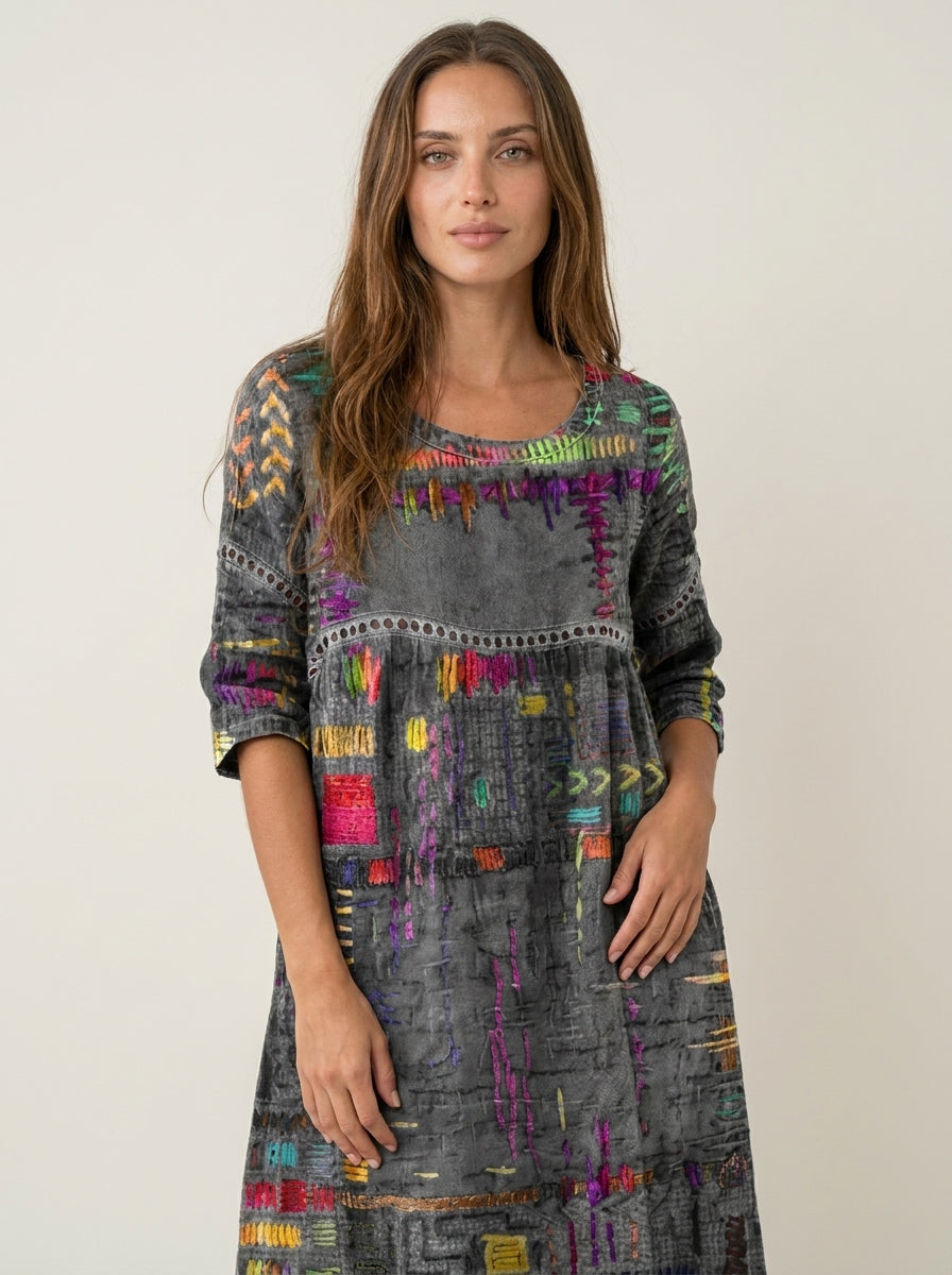 Manuela - Abito in Denim con Patchwork Etnico | Aurella Milano