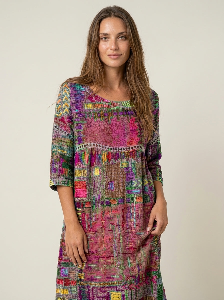 Manuela - Abito in Denim con Patchwork Etnico | Aurella Milano