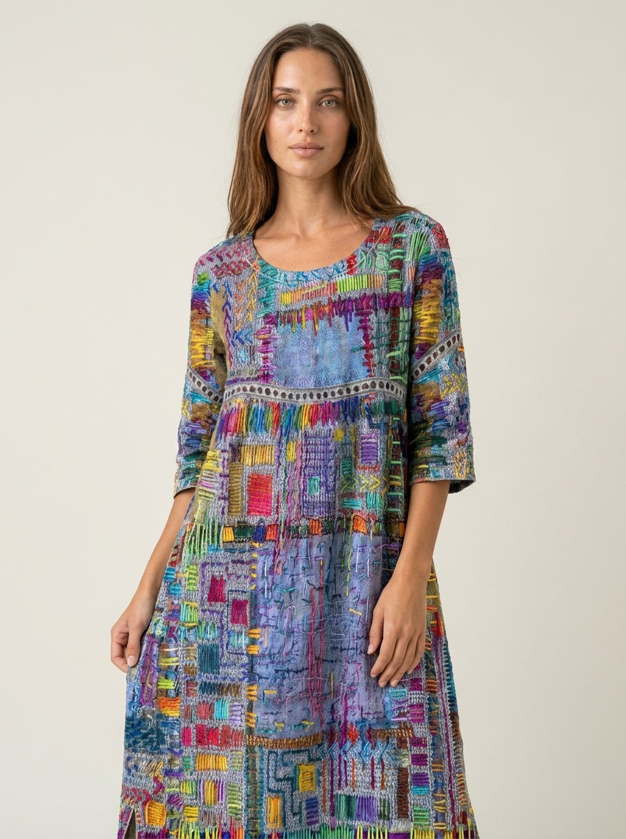 Manuela - Abito in Denim con Patchwork Etnico | Aurella Milano