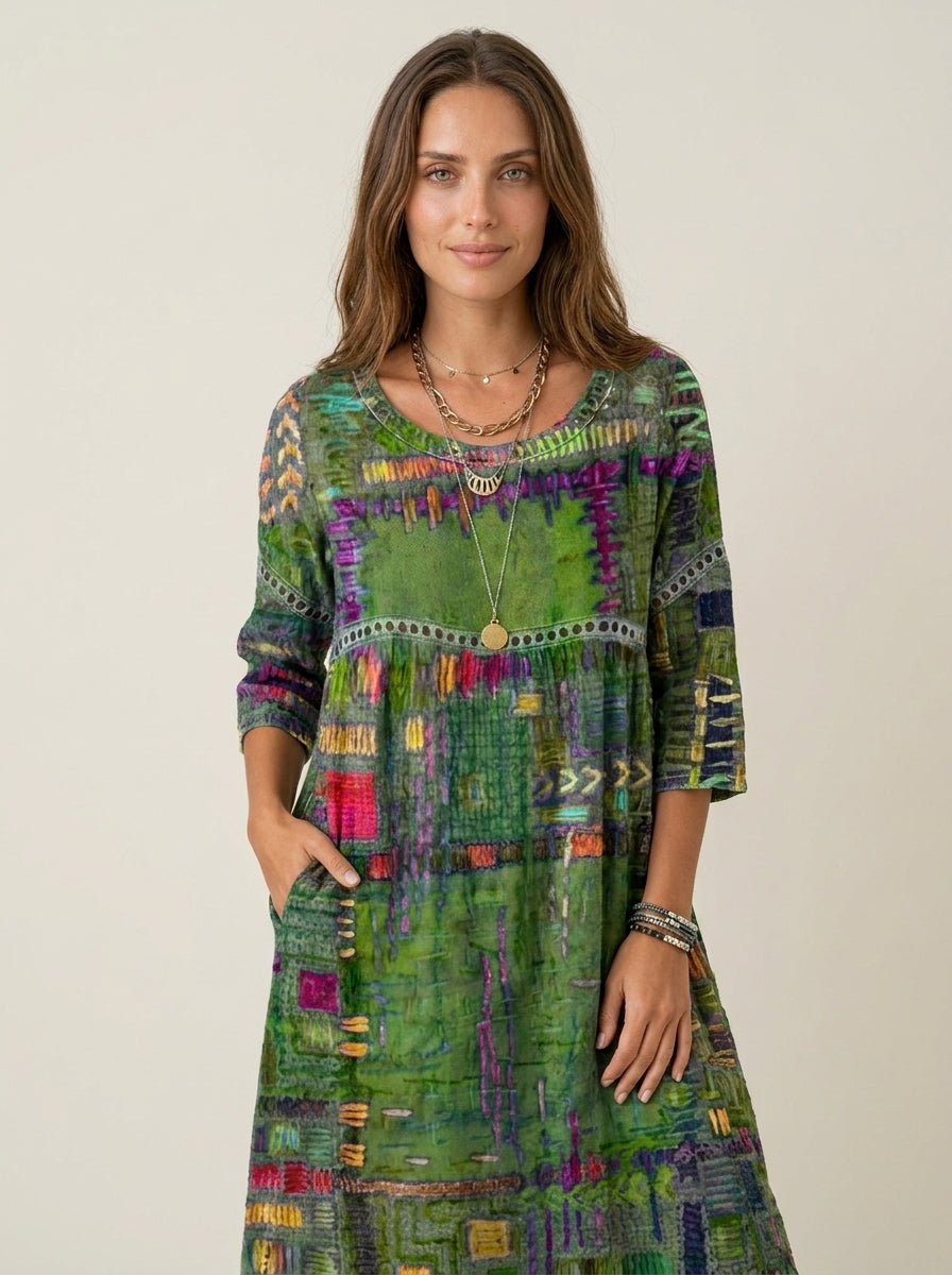 Manuela - Abito in Denim con Patchwork Etnico | Aurella Milano