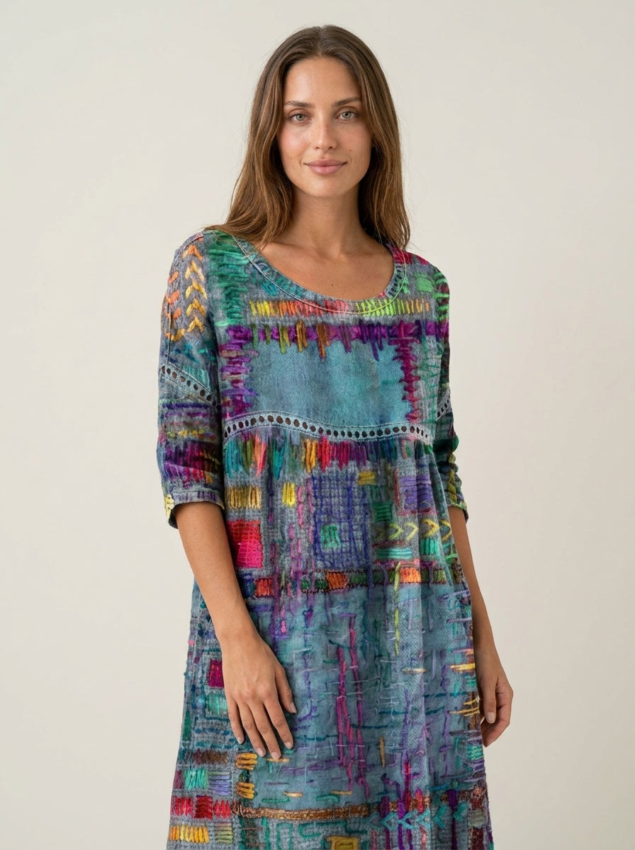 Manuela - Abito in Denim con Patchwork Etnico | Aurella Milano