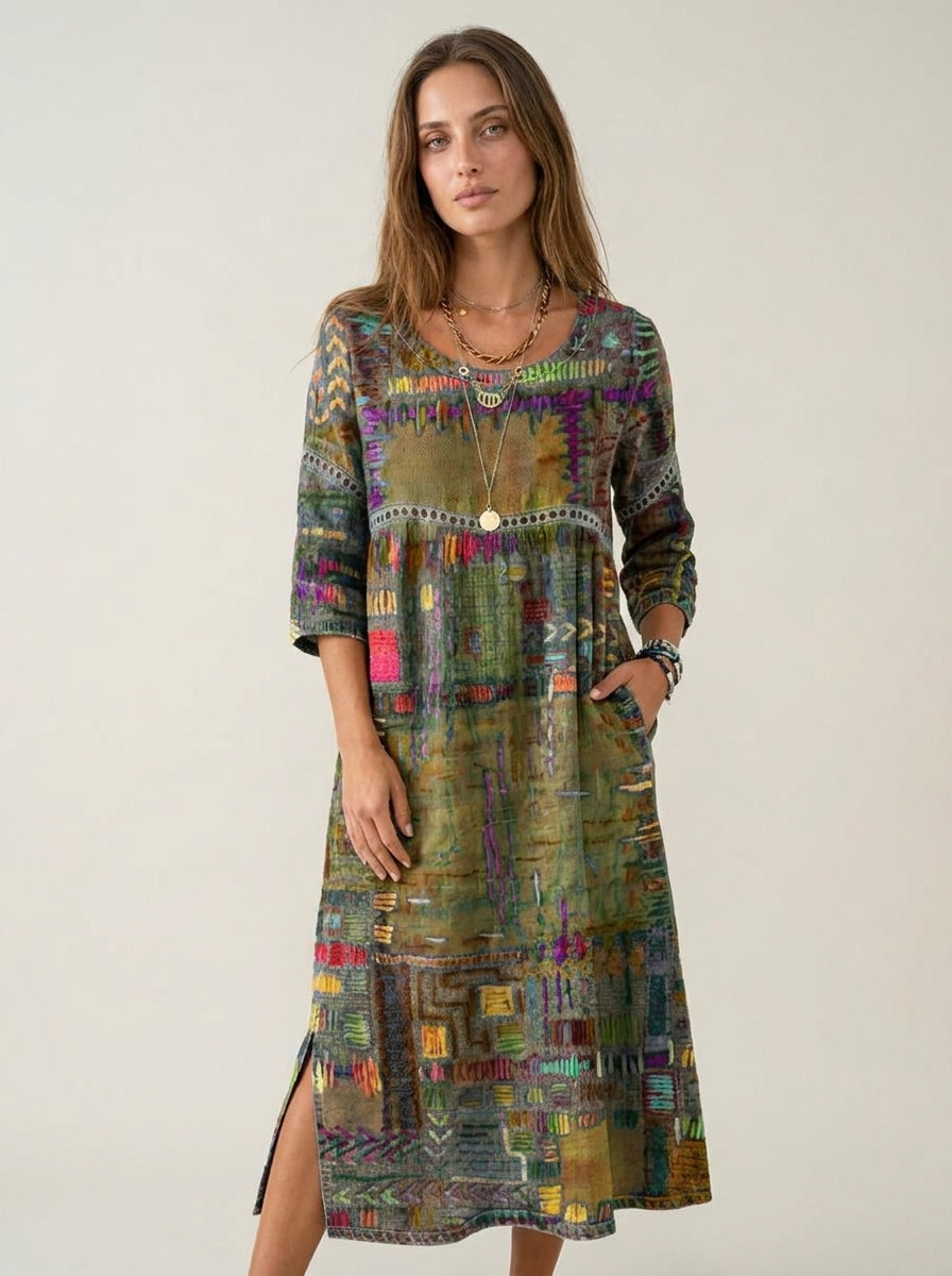 Manuela - Abito in Denim con Patchwork Etnico | Aurella Milano