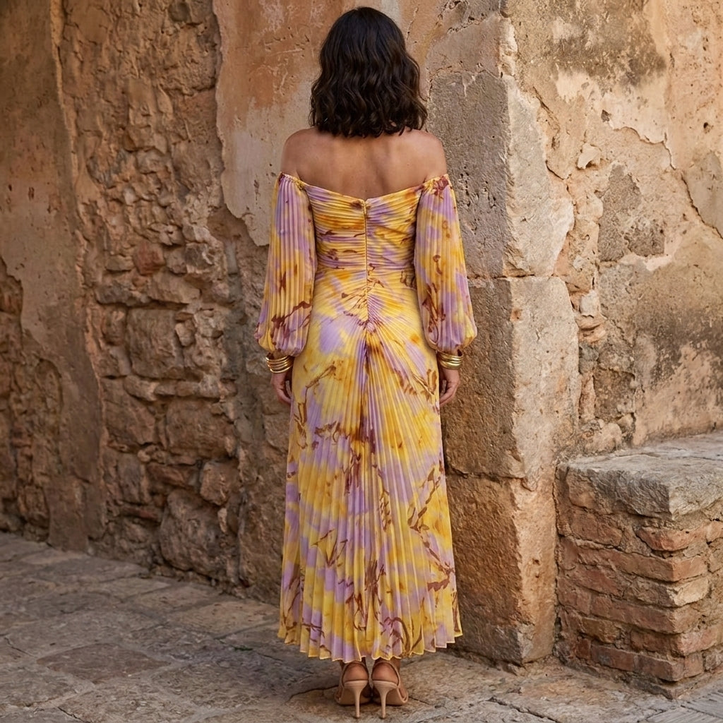 Abito lungo floreale con scollo profondo Giallo | Aurella Milano