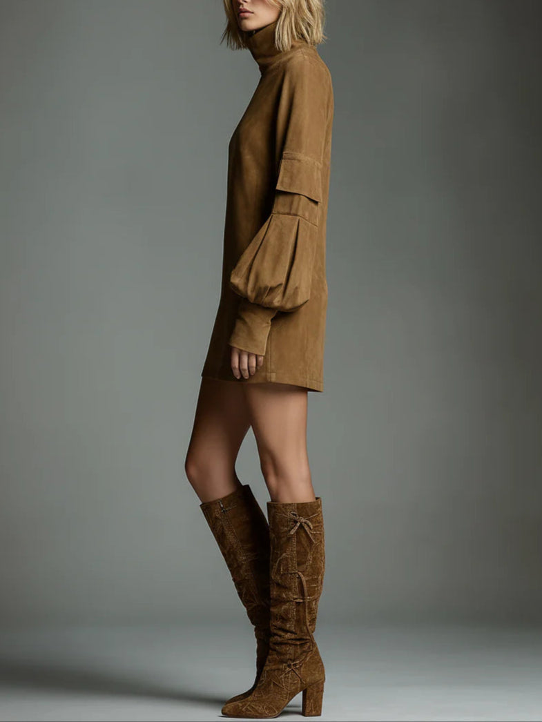 Selena - Abito Corto a Collo Alto - Camel | Aurella Milano