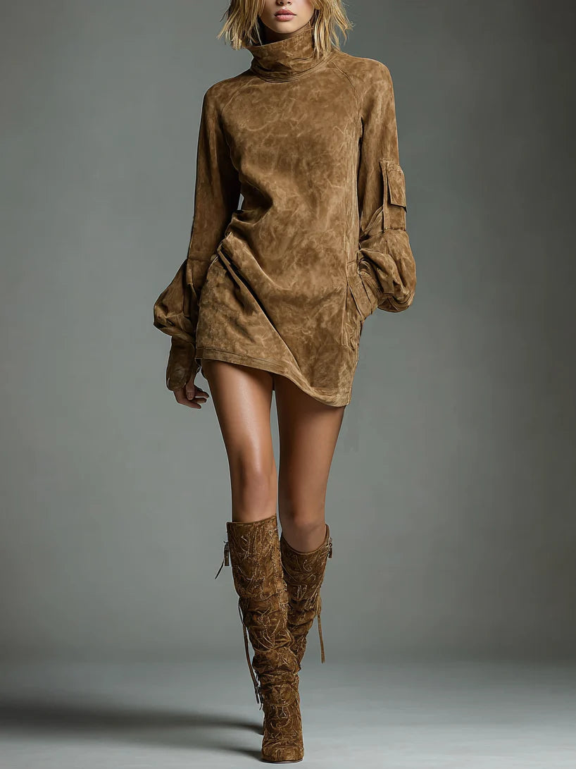 Selena - Abito Corto a Collo Alto - Camel | Aurella Milano