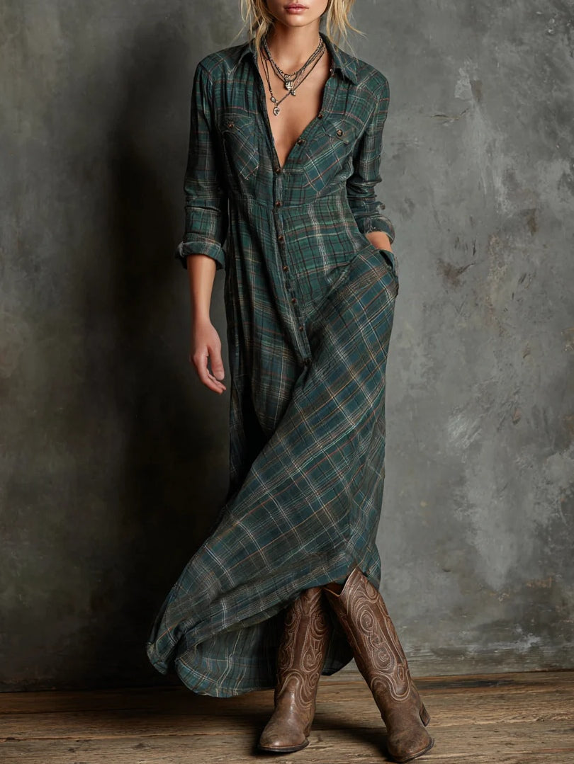 Emanuela - Abito Lungo con Cintura - Verde bosco | Aurella Milano