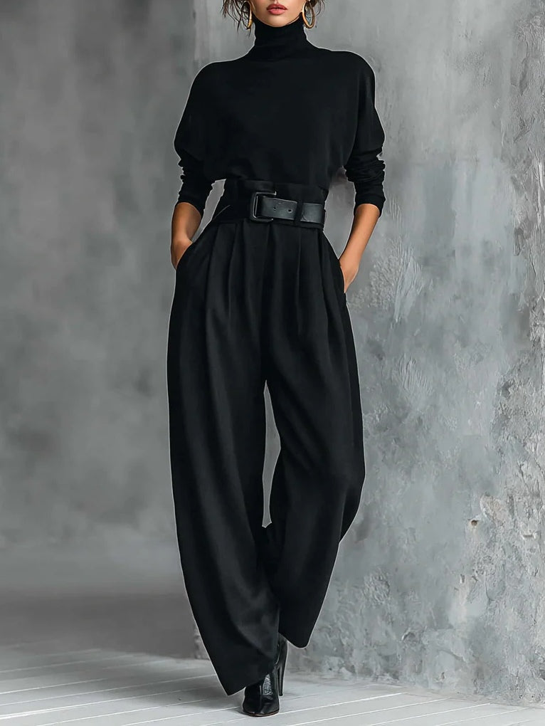 Ida - Completo Total Black con Pantaloni Ampi - Nero imperiale | Aurella Milano