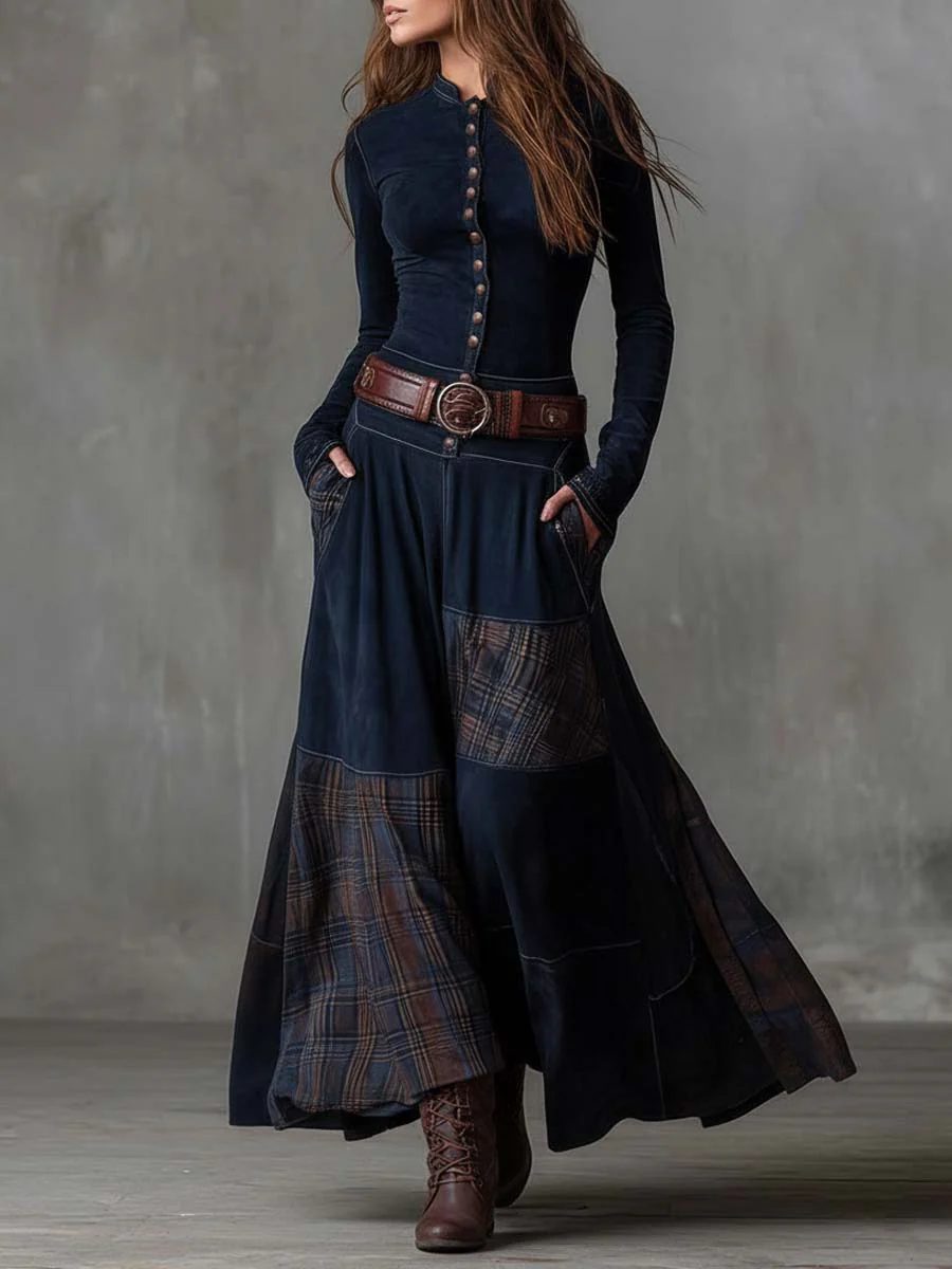 Livia - Abito Lungo Effetto Scamosciato con Cintura - Blu navy | Aurella Milano