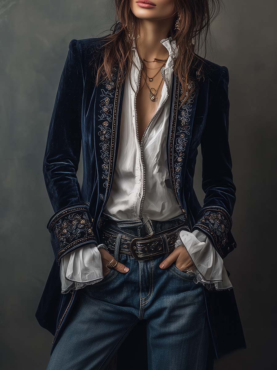 Nuria – Blazer Lungo Ricamato in Velluto