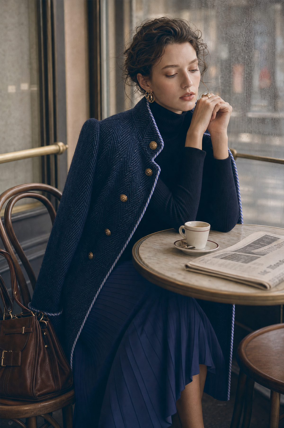 Caterina | Cappotto Lungo Spigato con Profili a Contrasto