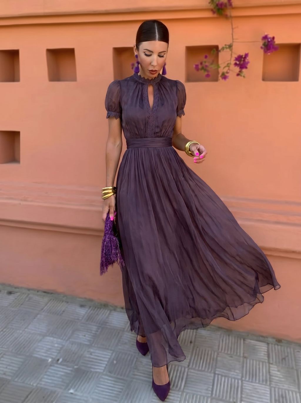 Abito lungo in chiffon Melanzana | Aurella Milano