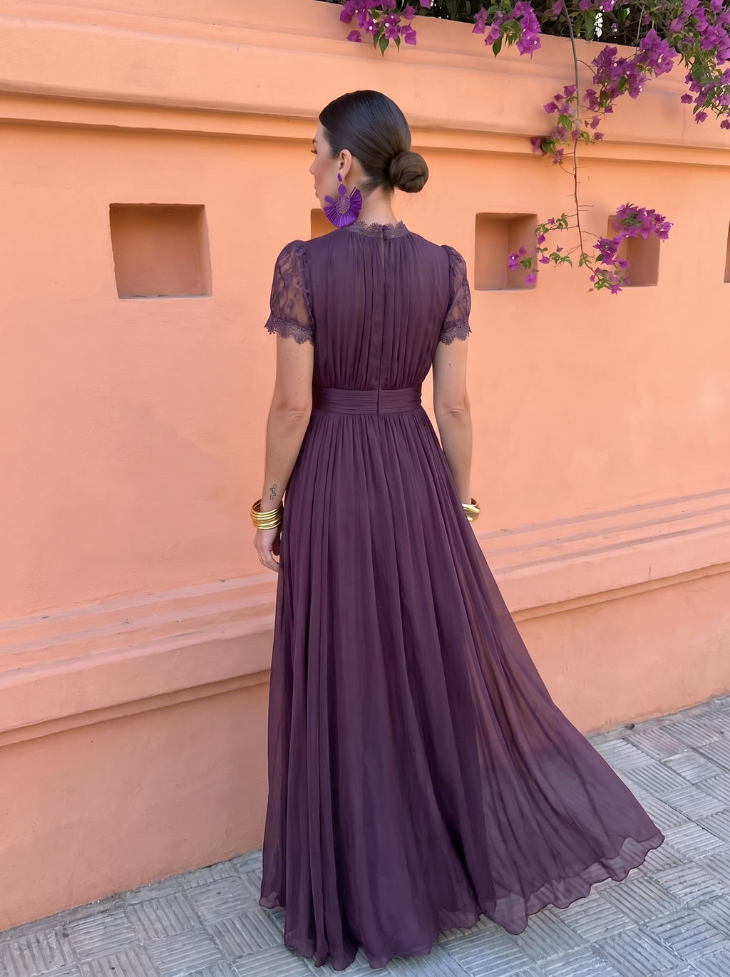 Abito lungo in chiffon Melanzana | Aurella Milano