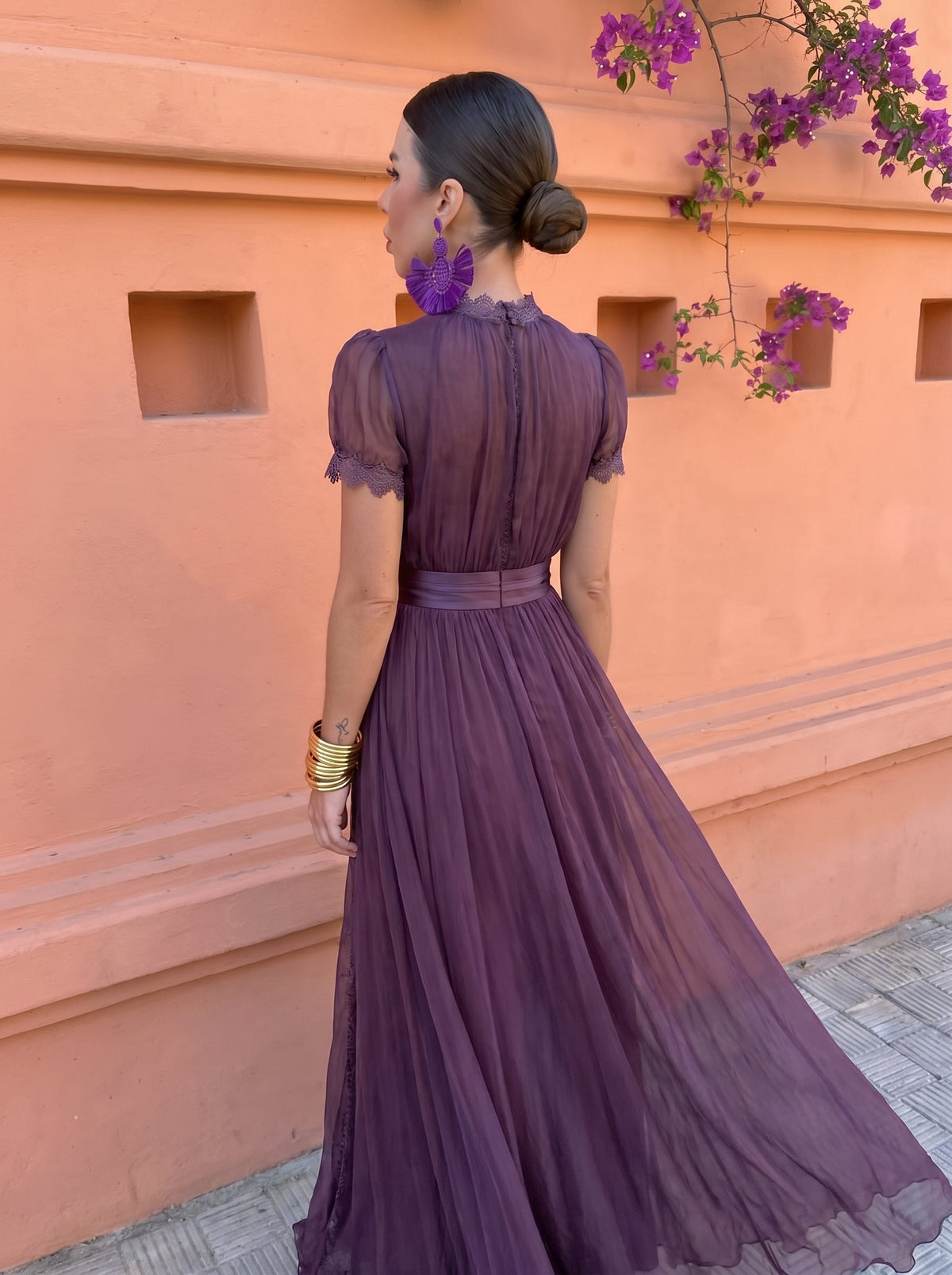 Abito lungo in chiffon Melanzana | Aurella Milano