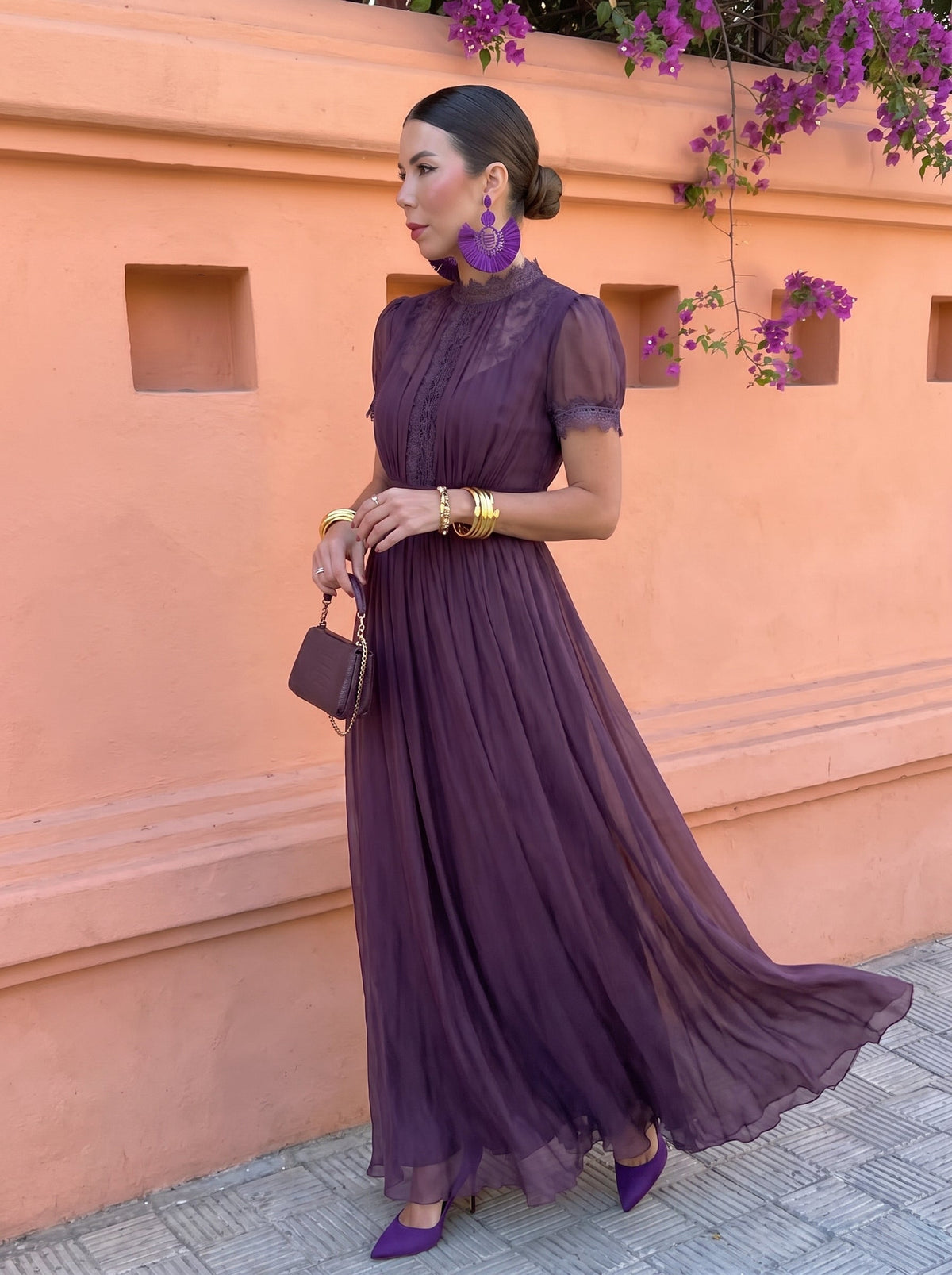 Abito lungo in chiffon Melanzana | Aurella Milano