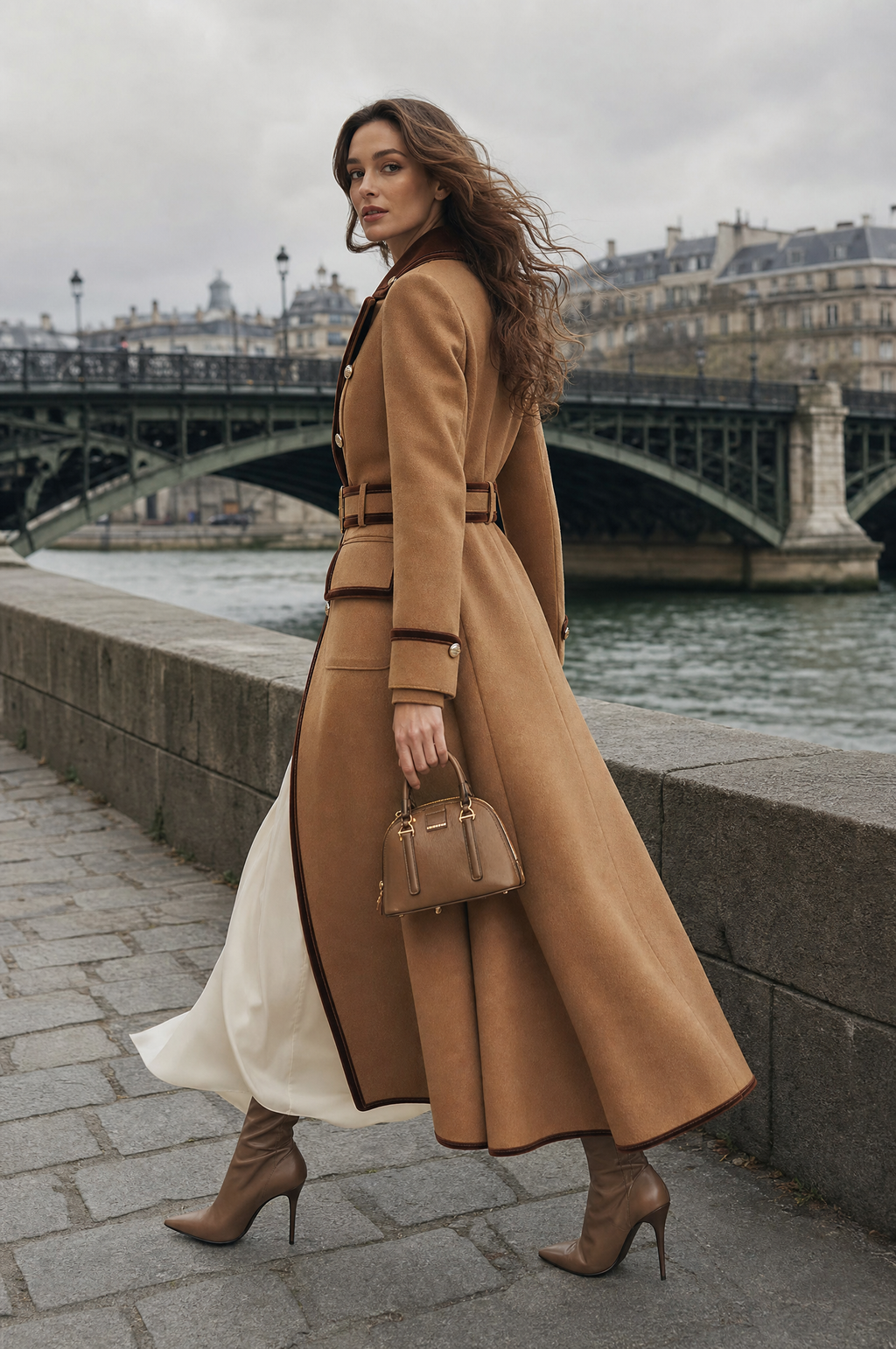 Isabella | Cappotto in Lana con Cintura e Velluto