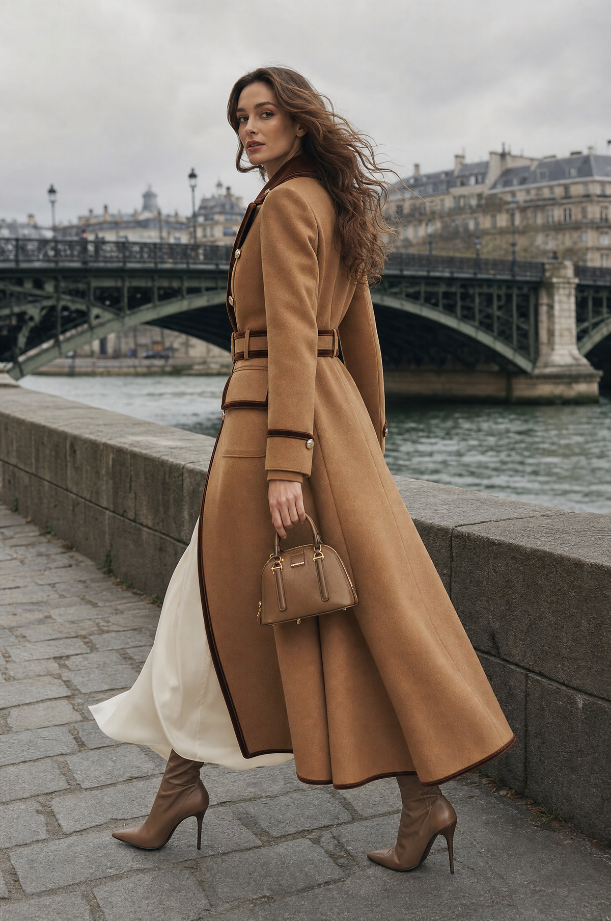 Isabella | Cappotto in Lana con Cintura e Velluto