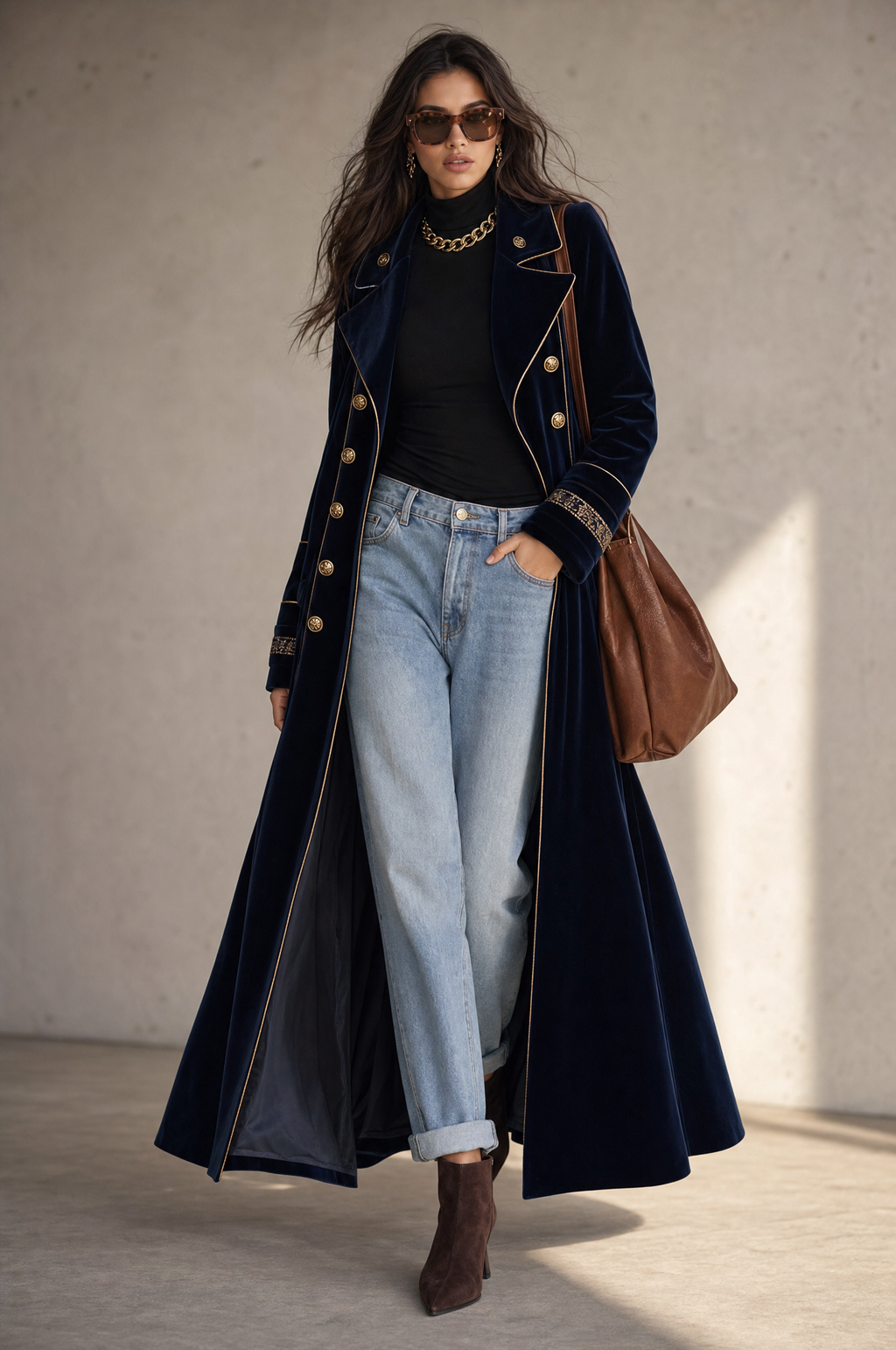 Carlotta | Cappotto Lungo Blu Notte con Ricami