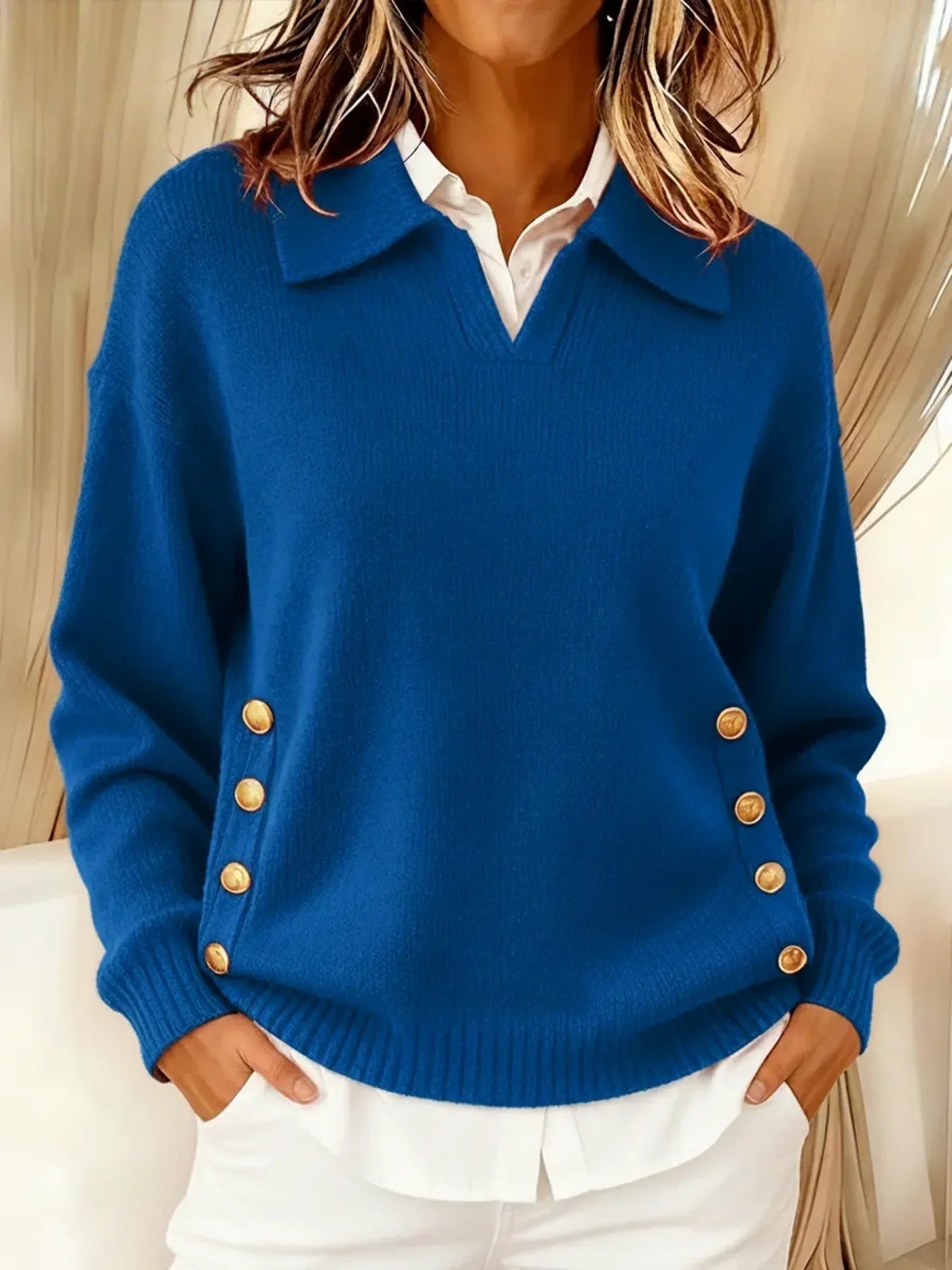 Maglione polo con bottoni dorati Cachi | Aurella Milano