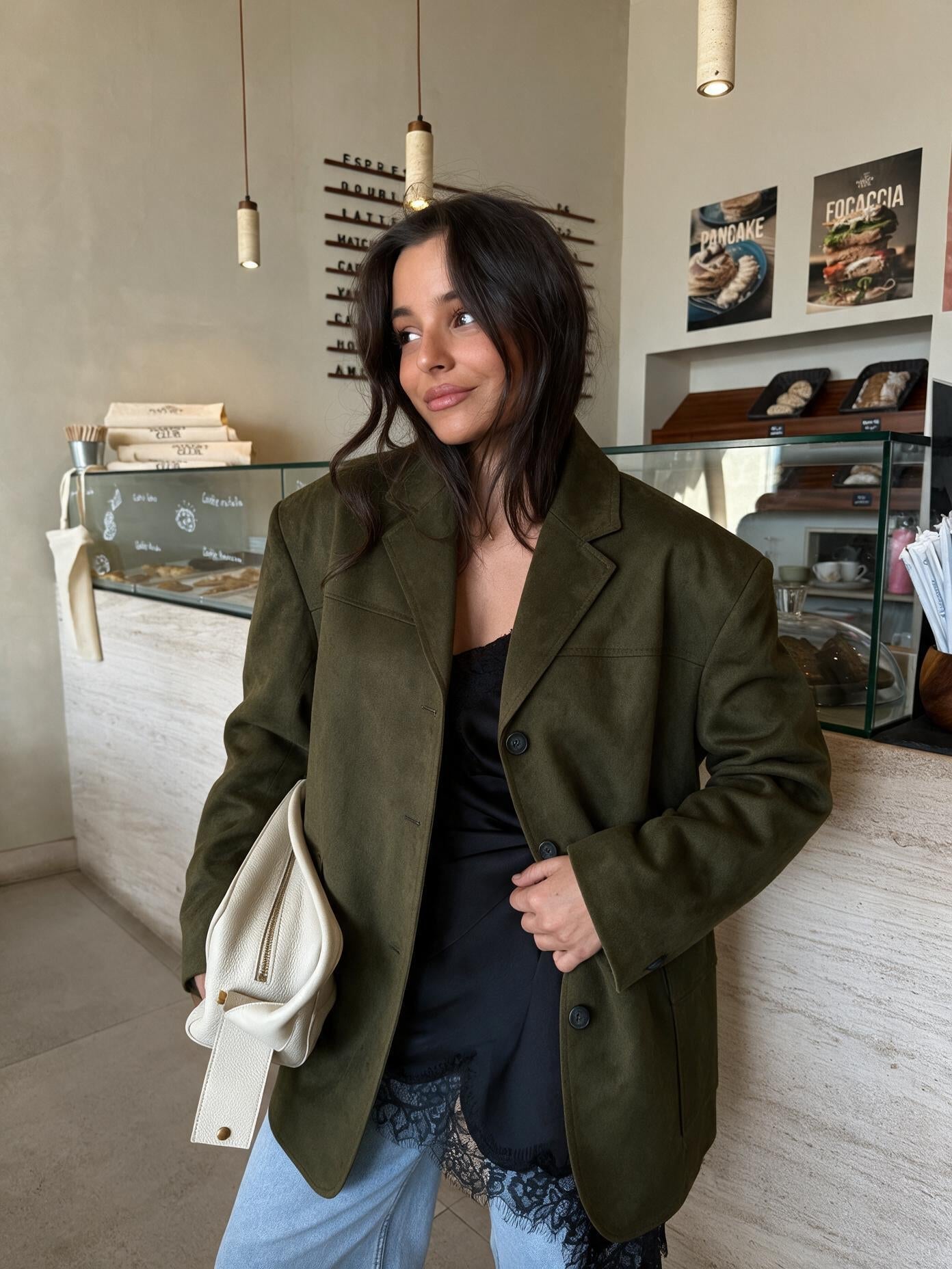 velmara-gen · blazer-oversize-camoscio-kaki · unico · frontale · 1