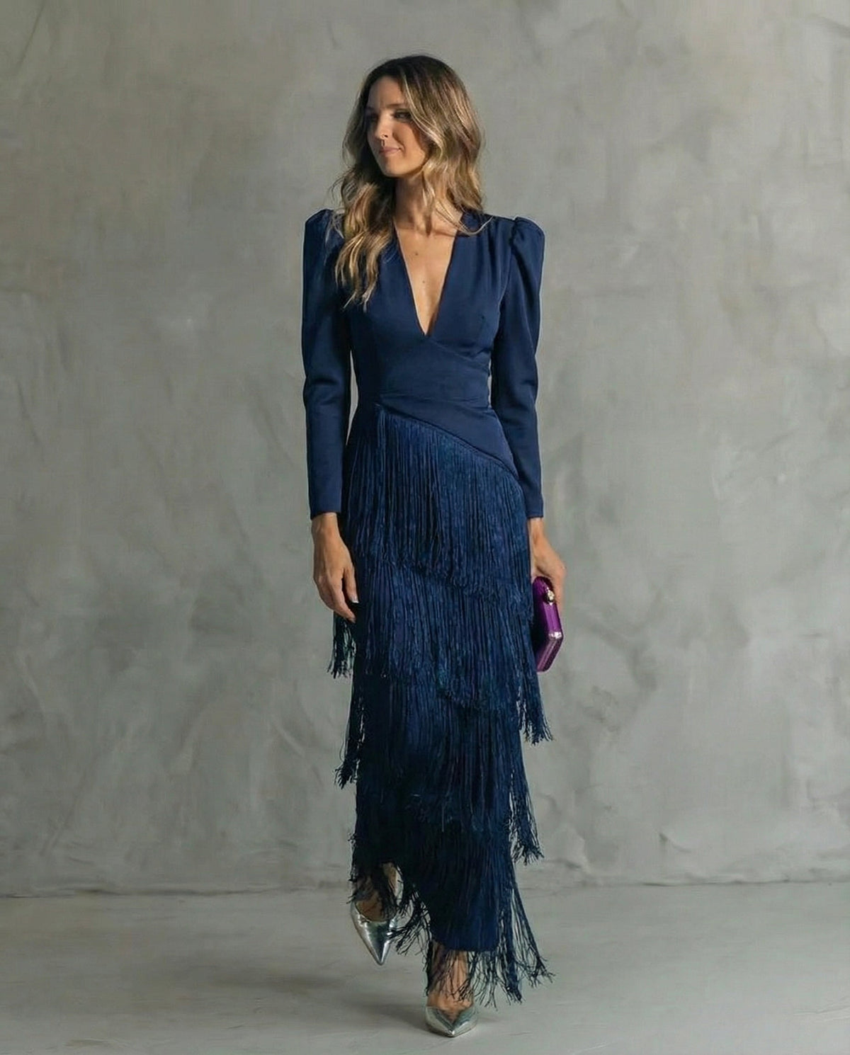 Abito elegante con maniche a frange Blu | Aurella Milano