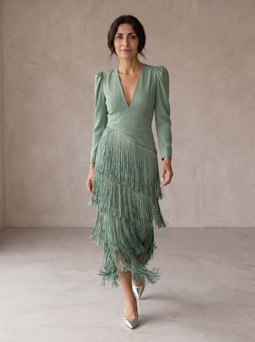 Abito elegante con maniche a frange Verde chiaro | Aurella Milano