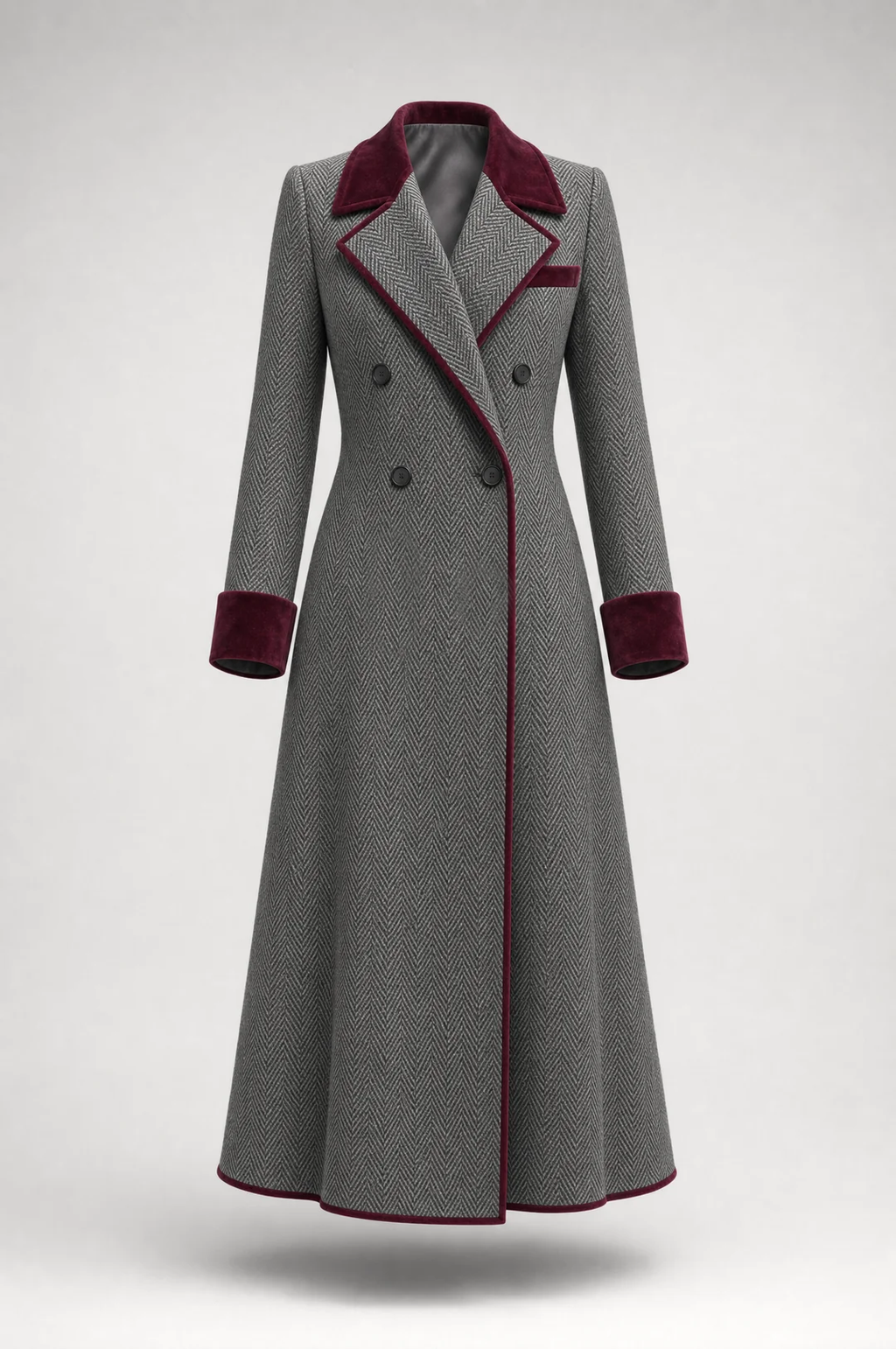 Vittoria | Cappotto Lungo Spigato con Dettagli in Velluto