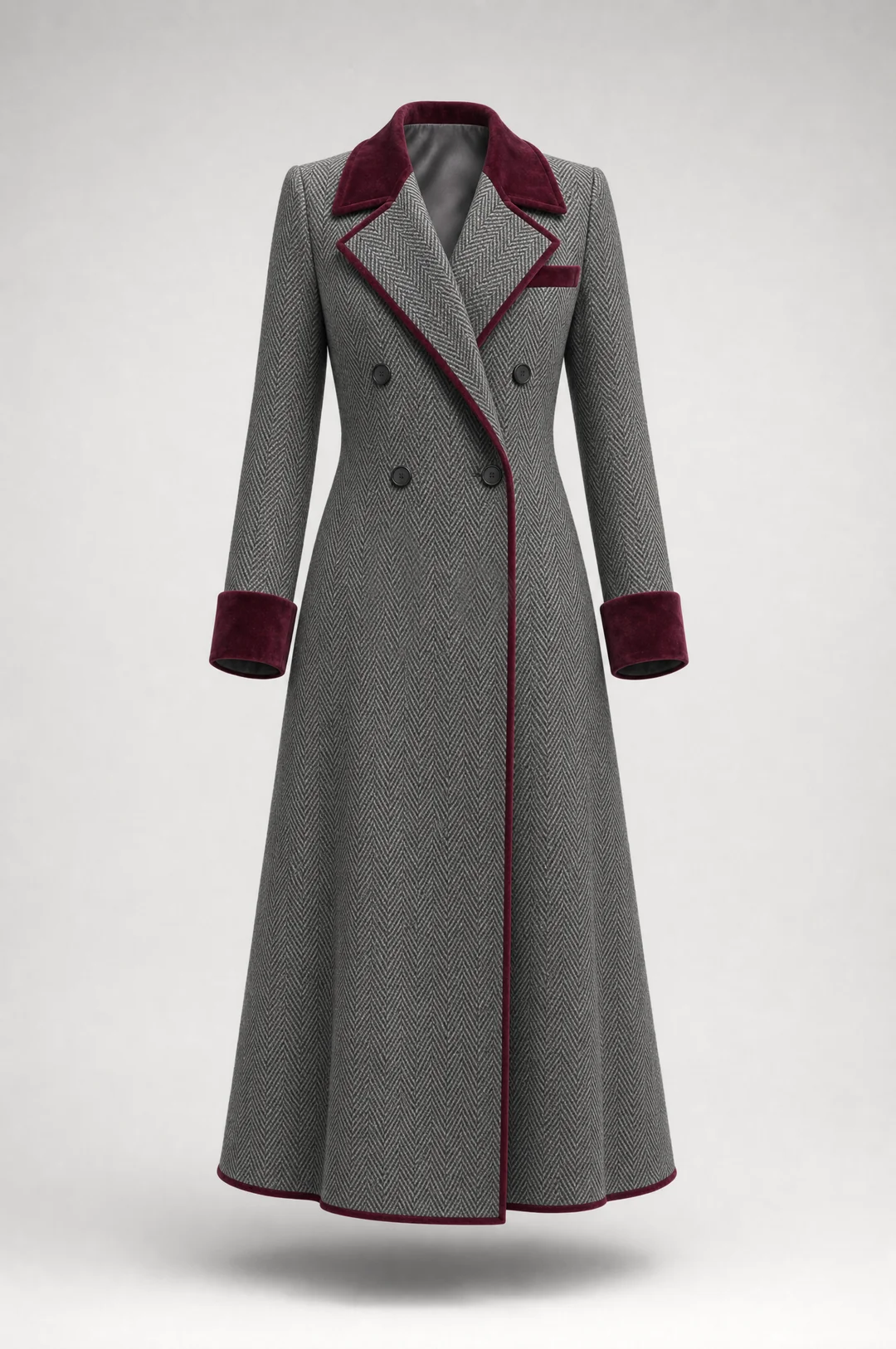 Vittoria | Cappotto Lungo Spigato con Dettagli in Velluto