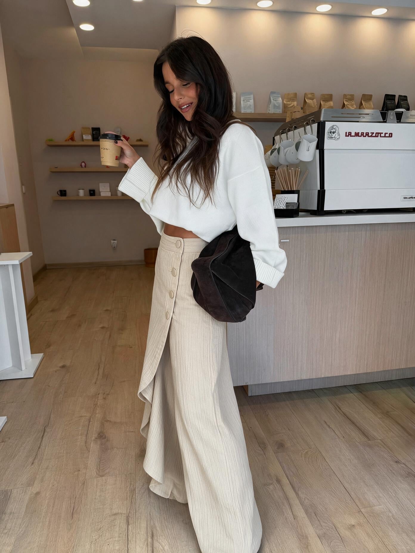 velmara-gen · jeans in denim a vita alta e gamba larga · Beige · frontale · 1