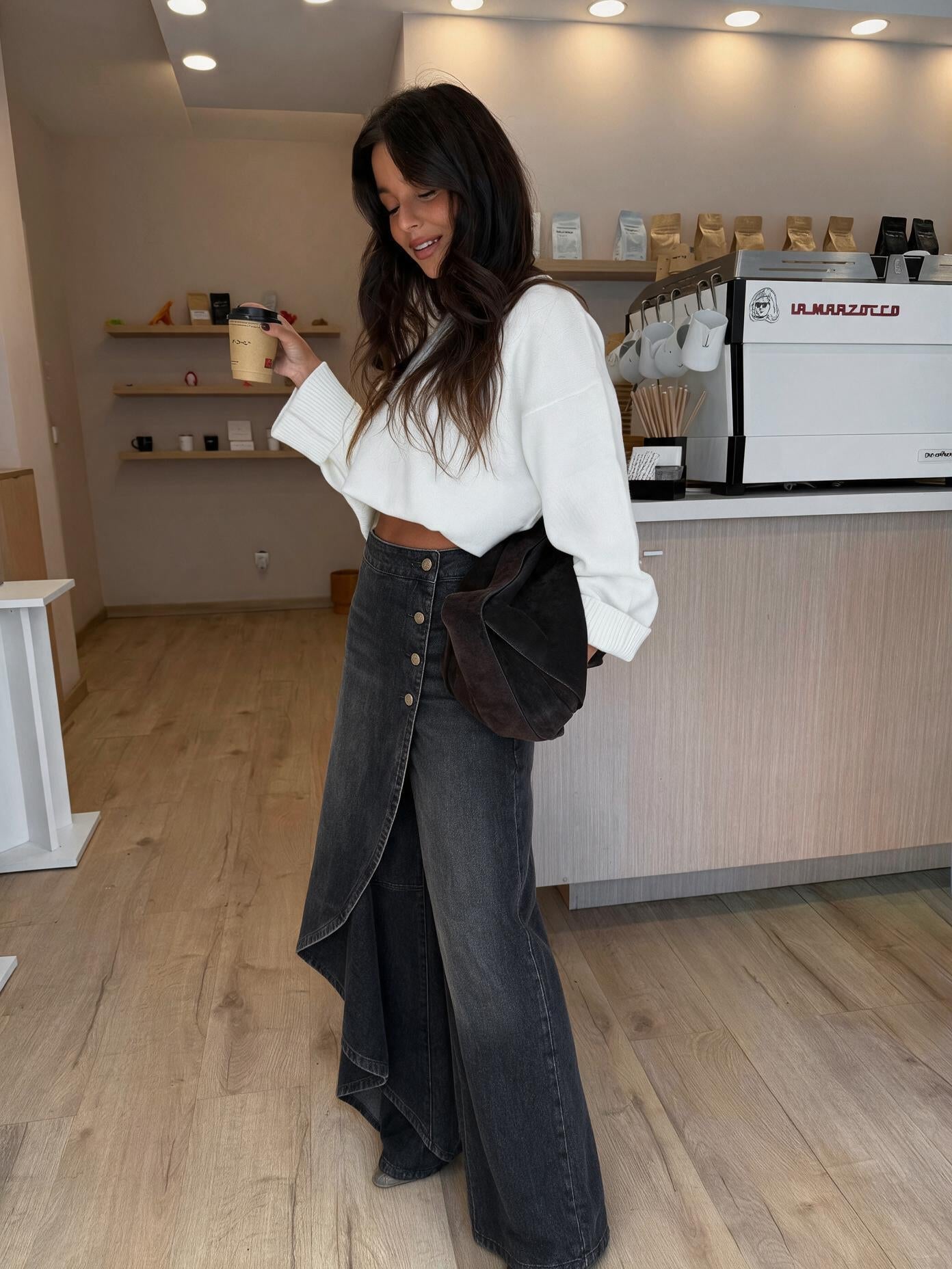 velmara-gen · jeans in denim a vita alta e gamba larga · Nero · frontale · 1