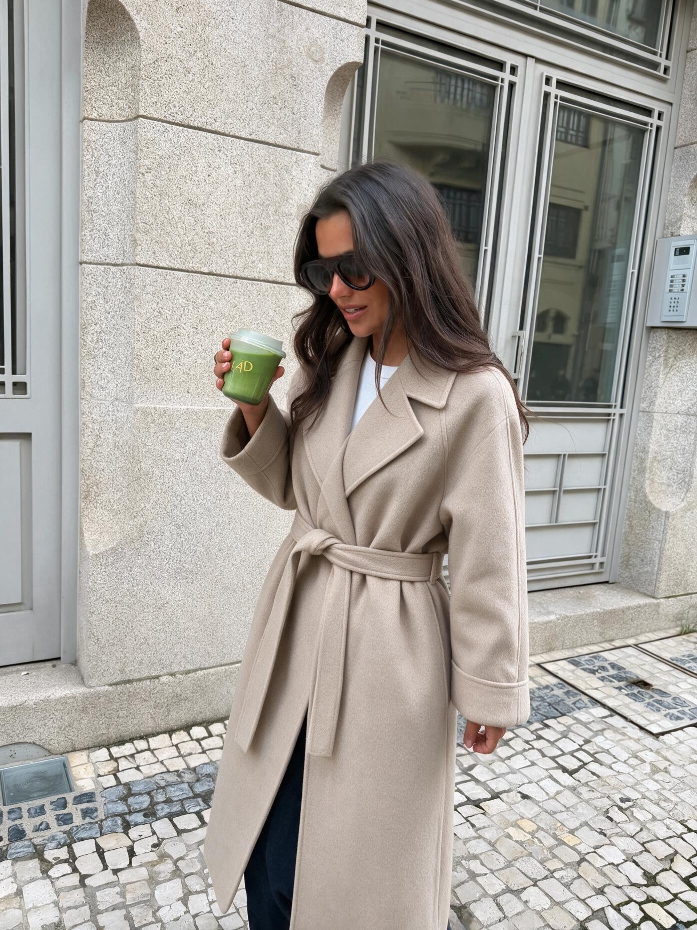 velmara-gen · cappotto lungo dritto con cintura removibile · Beige · frontale · 1