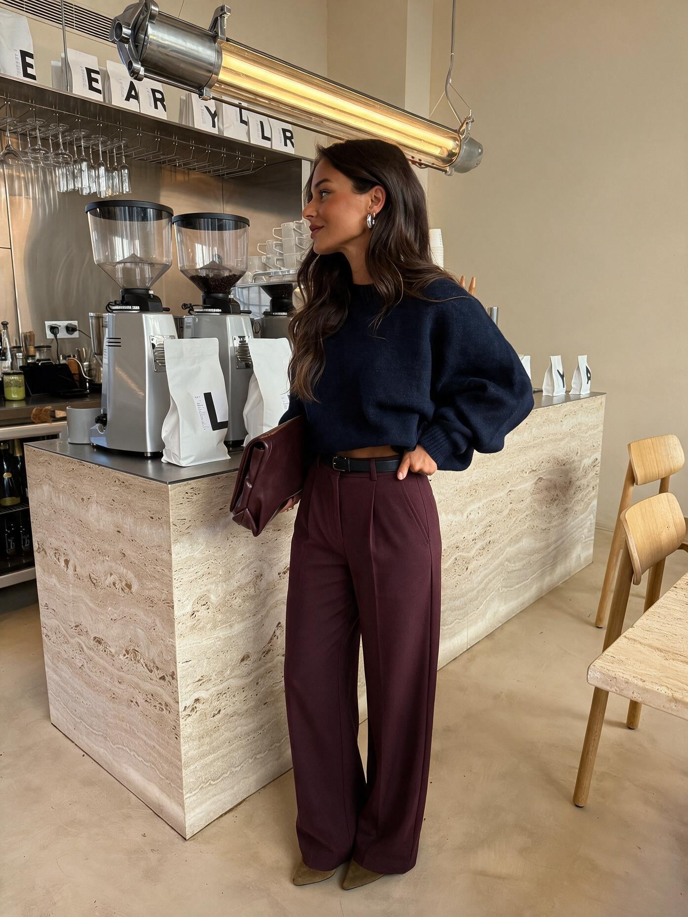 velmara-gen · tuta con pantaloni larghi · Caffè · frontale · 1