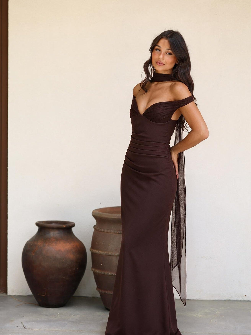 velmara-gen · abito lungo-bustier-gonna-fluida · Caffè · frontale · 4 · 34
