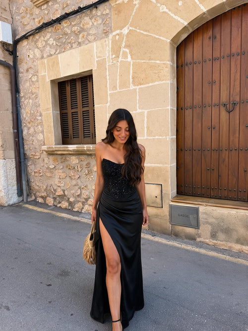 velmara-gen · abito lungo-corpetto-paillettes-gonna-fluida · Nero · frontale · 1
