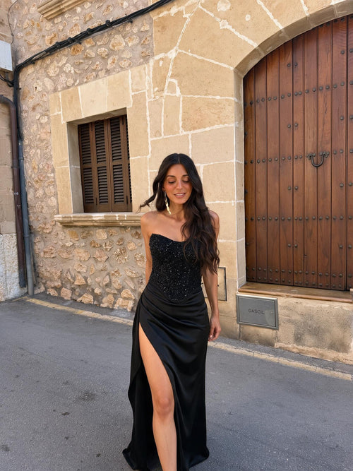velmara-gen · abito lungo-corpetto-paillettes-gonna-fluida · Nero · frontale · 4