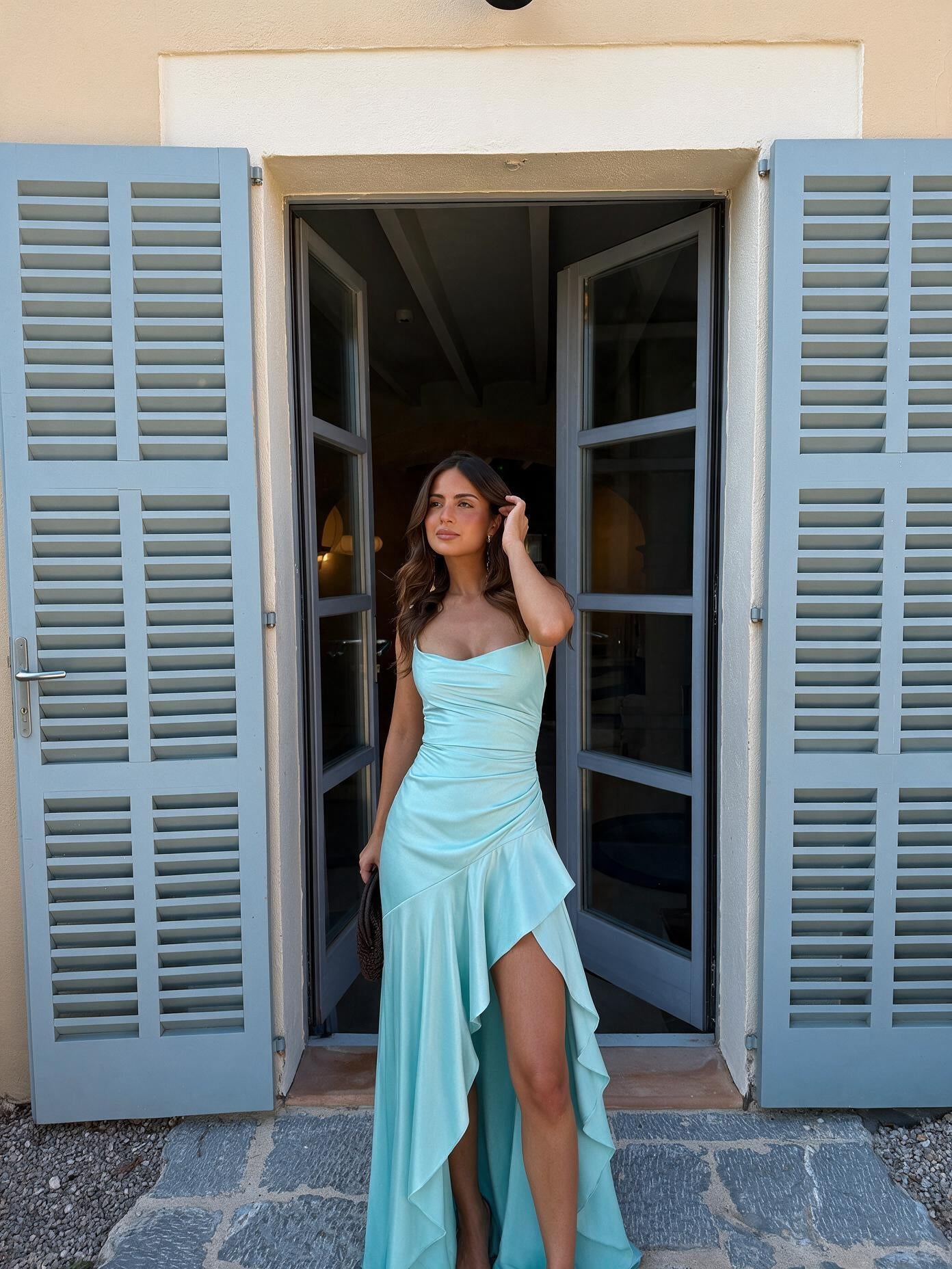 velmara-gen · abito a portafoglio con drappeggio lungo · Blu acqua · frontale · 1