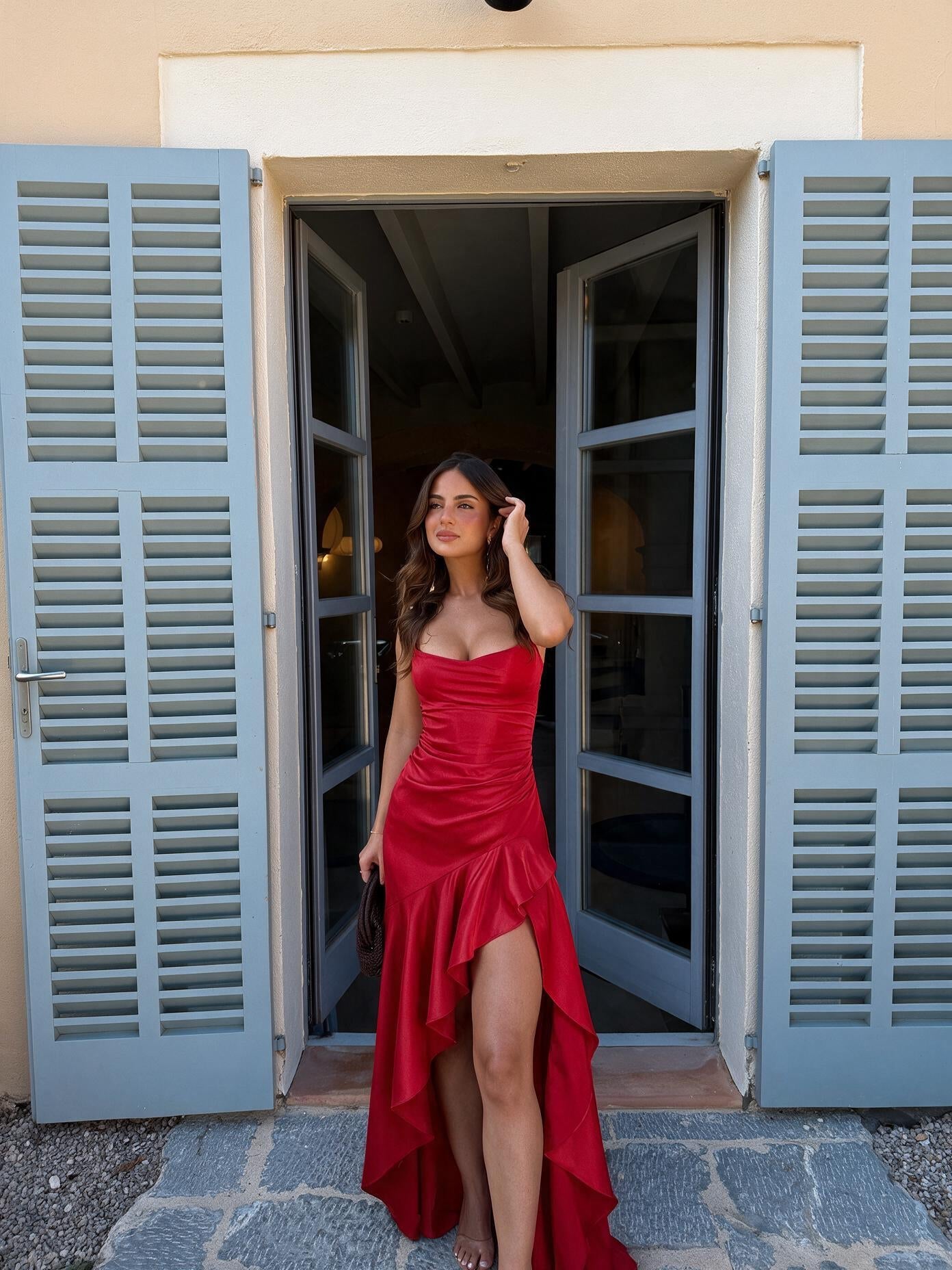 velmara-gen · abito a portafoglio con drappeggio lungo · Rosso · frontale · 1