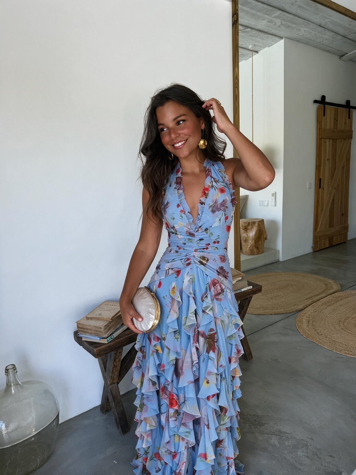 velmara-gen · abito lungo con gonna ampia e scollo all'americana · Blu · frontale · 1