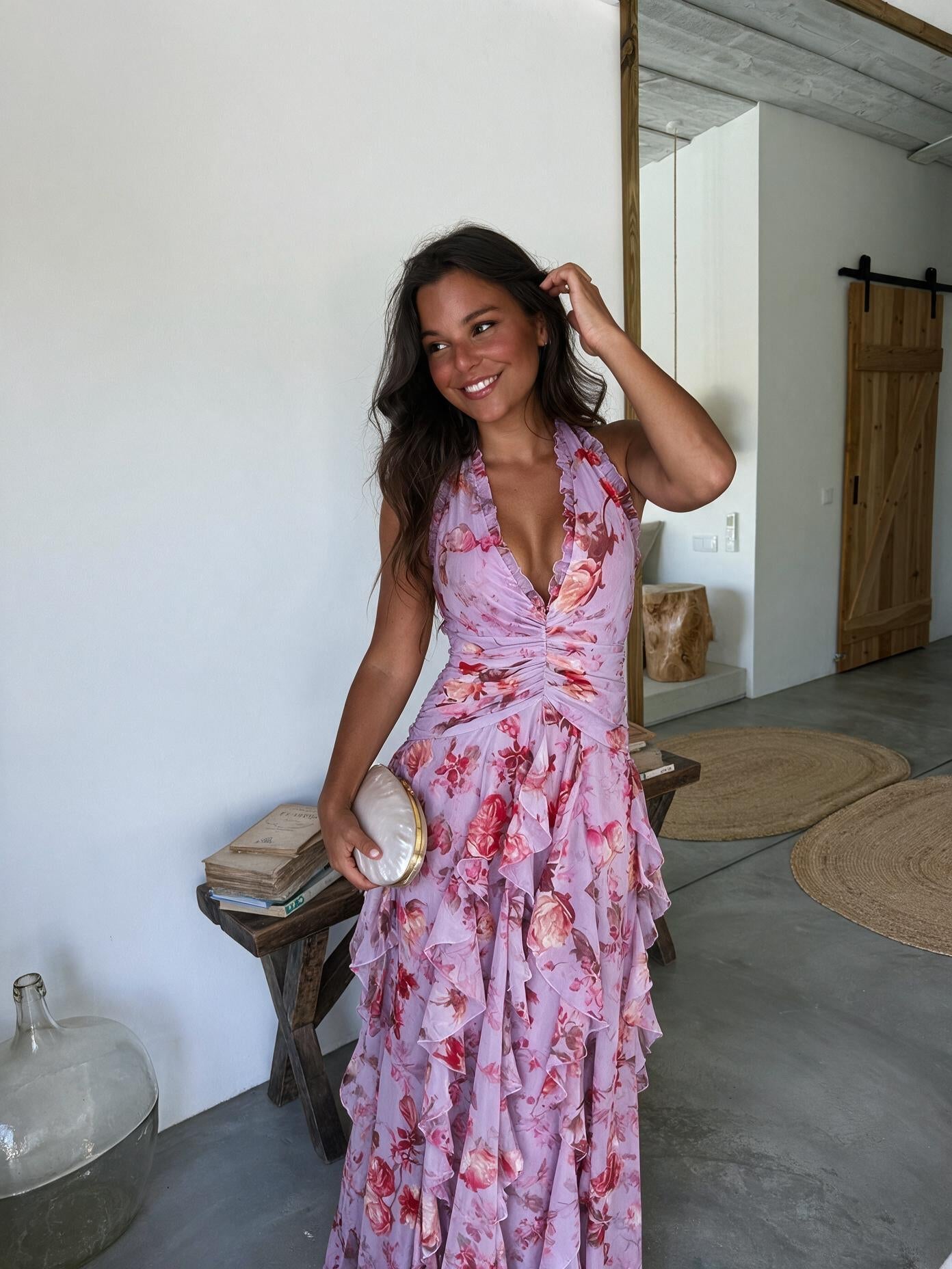velmara-gen · abito lungo con scollo all'americana e gonna fluida · Rosa · frontale · 1