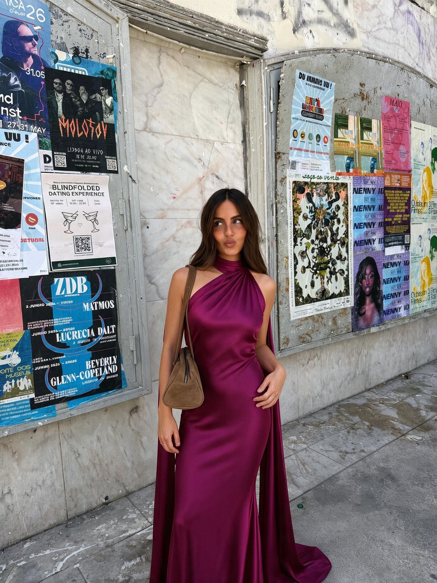 velmara-gen · abito lungo in raso taglio gala · Viola · frontale · 1