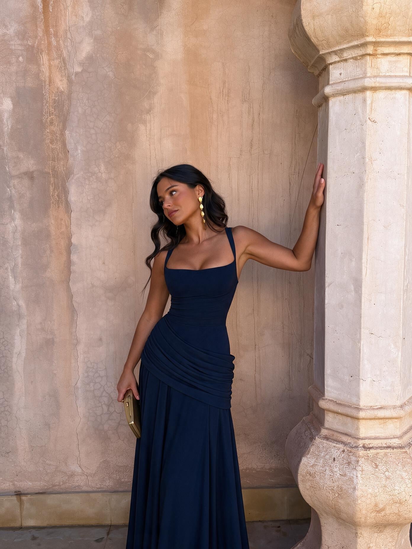 velmara-gen · abito lungo con busto drappeggiato · Blu navy · frontale · 1
