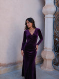 velmara-gen · abito-midi-in-velluto-drappeggiato · Viola · frontale · 1 · 34
